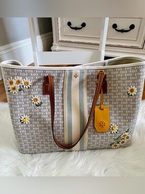 Tory Burch Canvas Floral Tote with Yellow Tag and Brown Straps / Never worn it